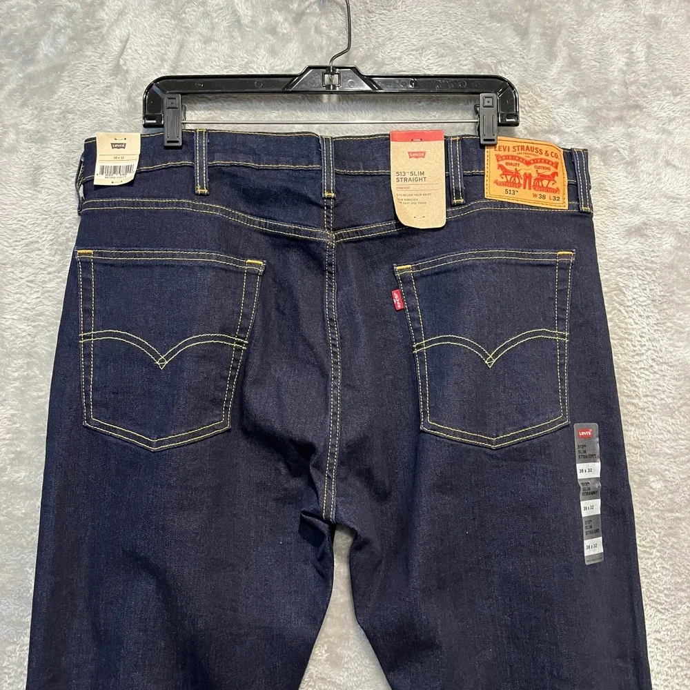 Levi 513 Slim Straight Jeans Mens 38x32 Dark Indigo Blue Stretch Denim
